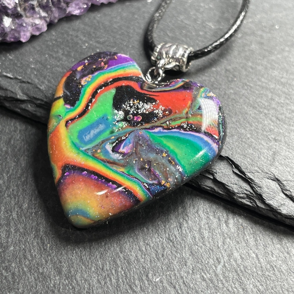 Lisa Frank Inspired Rainbow Galaxy Heart Pendant Necklace Hand Crafted - Picture 2 of 14